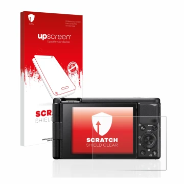 Front side of a product packaging with the brand logo upscreen. Next to it is the device Sony ZV-1 shown with the correspondin