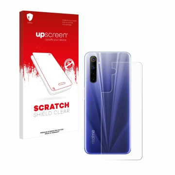 Front side of a product packaging with the brand logo upscreen. Next to it is the device realme 6 (Back) shown with the corres
