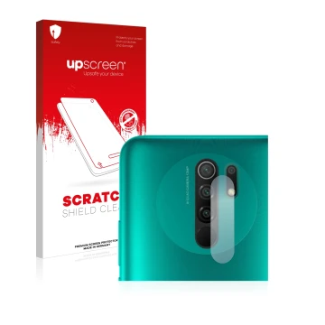 Front side of a product packaging with the brand logo upscreen. Next to it is the device Xiaomi Redmi 9 (ONLY Camera Lens) sho