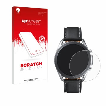 Front side of a product packaging with the brand logo upscreen. Next to it is the device Samsung Galaxy Watch 3 (45mm) shown w