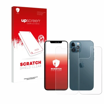 Front side of a product packaging with the brand logo upscreen. Next to it is the device Apple iPhone 12 Pro (Front+Back) show