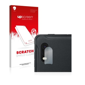 Front side of a product packaging with the brand logo upscreen. Next to it is the device Samsung Galaxy XCover Pro (ONLY Camer