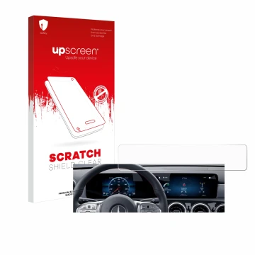Front side of a product packaging with the brand logo upscreen. Next to it is the device Mercedes-Benz GLA 2020 Display Widesc