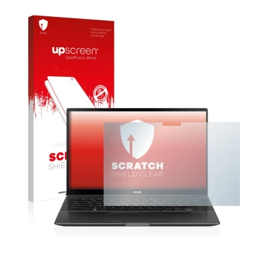 Front side of a product packaging with the brand logo upscreen. Next to it is the device ASUS ZenBook Flip 14 UX463FA shown wi