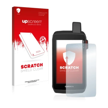 Front side of a product packaging with the brand logo upscreen. Next to it is the device Garmin Montana 750i shown with the co