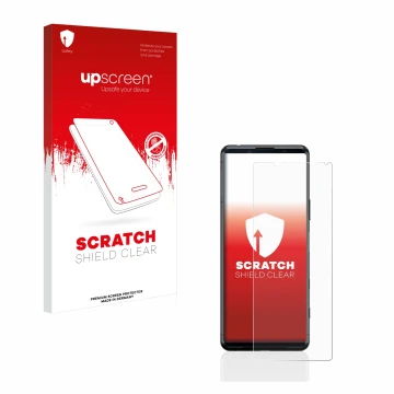 Front side of a product packaging with the brand logo upscreen. Next to it is the device Sony Xperia 5 II shown with the corre
