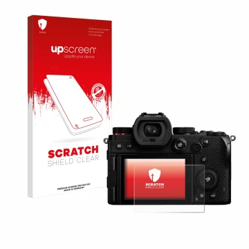 Front side of a product packaging with the brand logo upscreen. Next to it is the device Panasonic Lumix DC-S5 shown with the 