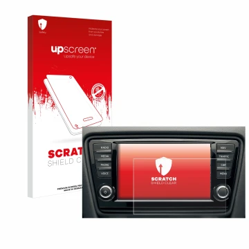 Front side of a product packaging with the brand logo upscreen. Next to it is the device Skoda Octavia 8004-ANL 2016 Infotainm