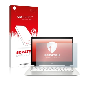 Front side of a product packaging with the brand logo upscreen. Next to it is the device HP Chromebook x360 (14b-caX) shown wi