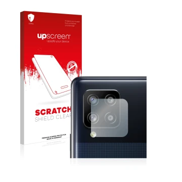 Front side of a product packaging with the brand logo upscreen. Next to it is the device Samsung Galaxy A42 5G (ONLY Camera Le