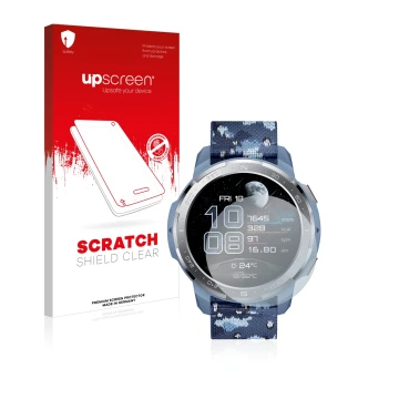 Front side of a product packaging with the brand logo upscreen. Next to it is the device Honor Watch GS Pro shown with the cor