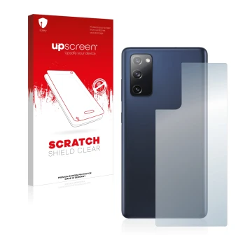 Front side of a product packaging with the brand logo upscreen. Next to it is the device Samsung Galaxy S20 FE 5G (Back) shown