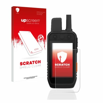 Front side of a product packaging with the brand logo upscreen. Next to it is the device Garmin Alpha 200 K shown with the cor