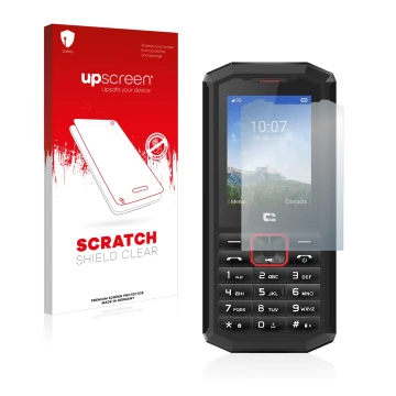 Front side of a product packaging with the brand logo upscreen. Next to it is the device Crosscall Spider X5 shown with the co