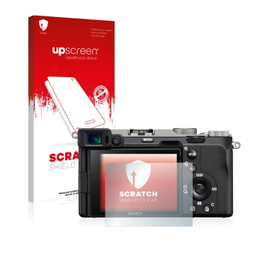 Front side of a product packaging with the brand logo upscreen. Next to it is the device Sony Alpha 7C shown with the correspo