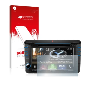 Front side of a product packaging with the brand logo upscreen. Next to it is the device Kenwood DNX518VDABS shown with the co