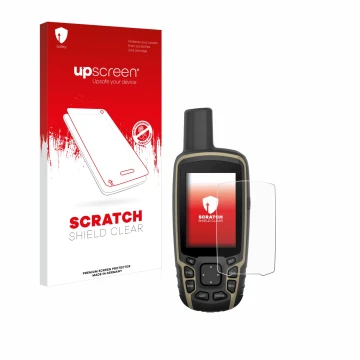 Front side of a product packaging with the brand logo upscreen. Next to it is the device Garmin GPSMAP 65 shown with the corre