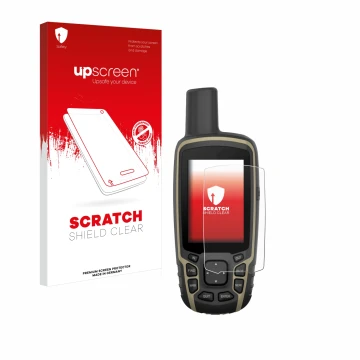 Front side of a product packaging with the brand logo upscreen. Next to it is the device Garmin GPSMAP 65s shown with the corr