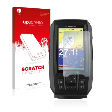 Front side of a product packaging with the brand logo upscreen. Next to it is the device Garmin Striker Vivid 4cv shown with t