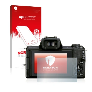 Front side of a product packaging with the brand logo upscreen. Next to it is the device Canon EOS M50 Mark II shown with the 