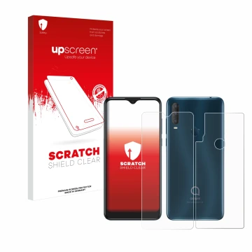 Front side of a product packaging with the brand logo upscreen. Next to it is the device Alcatel 1S 2020 (Front+Back) shown wi