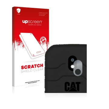 Front side of a product packaging with the brand logo upscreen. Next to it is the device Caterpillar Cat S42 (ONLY Camera Lens