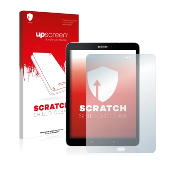 Front side of a product packaging with the brand logo upscreen. Next to it is the device Samsung Galaxy Tab S3 shown with the 
