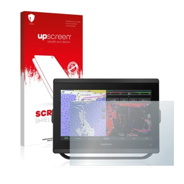 Front side of a product packaging with the brand logo upscreen. Next to it is the device Garmin GPSMAP 8412xsv shown with the 