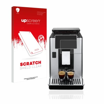 Front side of a product packaging with the brand logo upscreen. Next to it is the device DeLonghi PrimaDonna Soul ECAM610.75.M