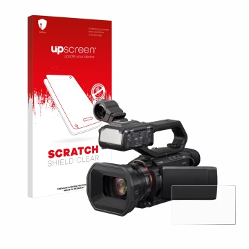 Front side of a product packaging with the brand logo upscreen. Next to it is the device Panasonic HC-X2000 shown with the cor