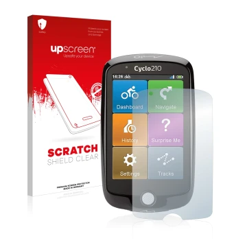 Front side of a product packaging with the brand logo upscreen. Next to it is the device Mio Cyclo 210 shown with the correspo