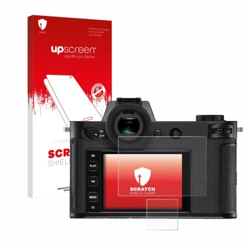 Front side of a product packaging with the brand logo upscreen. Next to it is the device Leica SL2-S shown with the correspond