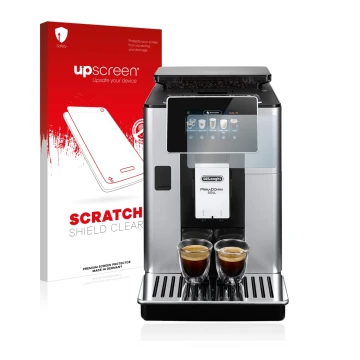 Front side of a product packaging with the brand logo upscreen. Next to it is the device DeLonghi PrimaDonna Soul ECAM610.55.S