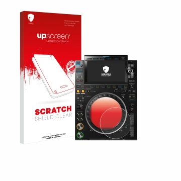 Front side of a product packaging with the brand logo upscreen. Next to it is the device Pioneer CDJ 3000 (circle) shown with 