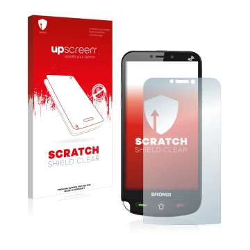 Front side of a product packaging with the brand logo upscreen. Next to it is the device Brondi Amico Dual Sim shown with the 