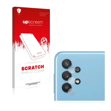 Front side of a product packaging with the brand logo upscreen. Next to it is the device Samsung Galaxy A32 5G (ONLY Camera Le