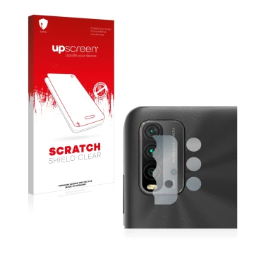 Front side of a product packaging with the brand logo upscreen. Next to it is the device Xiaomi Redmi 9T (ONLY Camera Lens) sh