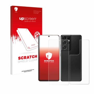 Front side of a product packaging with the brand logo upscreen. Next to it is the device Samsung Galaxy S21 Ultra 5G (Front+Ba