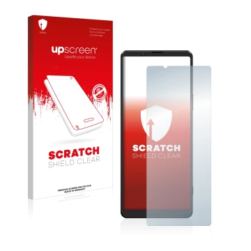 Front side of a product packaging with the brand logo upscreen. Next to it is the device Sony Xperia 1 III shown with the corr