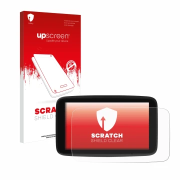 Front side of a product packaging with the brand logo upscreen. Next to it is the device TomTom GO Discover 7