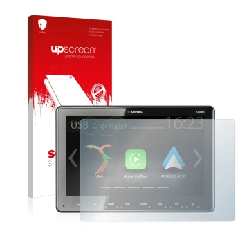 Front side of a product packaging with the brand logo upscreen. Next to it is the device Zenec Z-N965 shown with the correspon