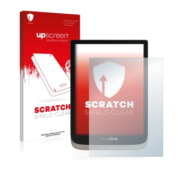Front side of a product packaging with the brand logo upscreen. Next to it is the device PocketBook InkPad Color shown with th