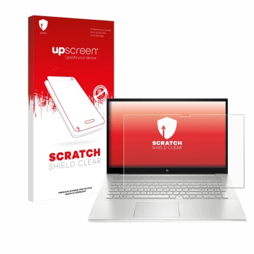 Front side of a product packaging with the brand logo upscreen. Next to it is the device HP Envy 17-cX shown with the correspo