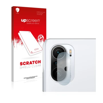 Front side of a product packaging with the brand logo upscreen. Next to it is the device Xiaomi Poco F3 (ONLY Camera Lens) sho