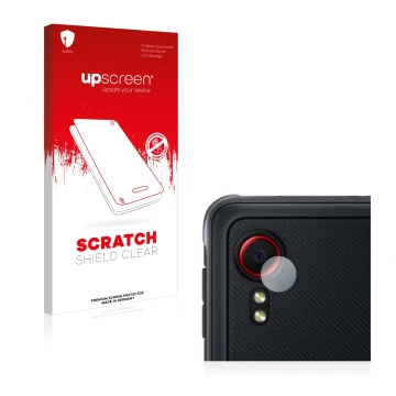 Front side of a product packaging with the brand logo upscreen. Next to it is the device Samsung Galaxy XCover 5 (ONLY Camera 