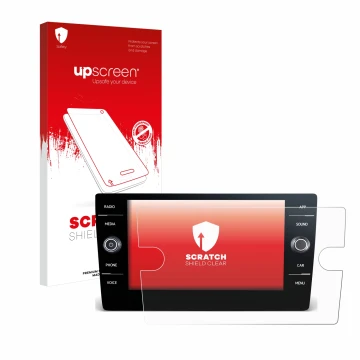 Front side of a product packaging with the brand logo upscreen. Next to it is the device Volkswagen Tiguan 2021 Discover Media