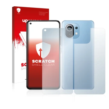Front side of a product packaging with the brand logo upscreen. Next to it is the device Xiaomi Mi 11 Lite 5G (Front+Back) sho