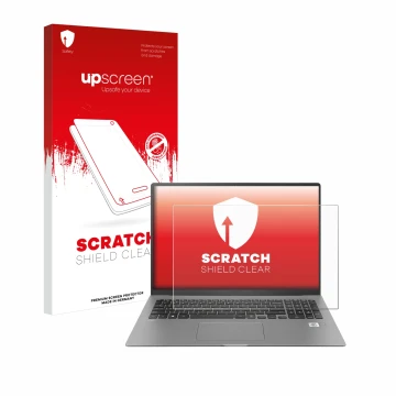 Front side of a product packaging with the brand logo upscreen. Next to it is the device LG gram 17'' 2021 shown with the corr