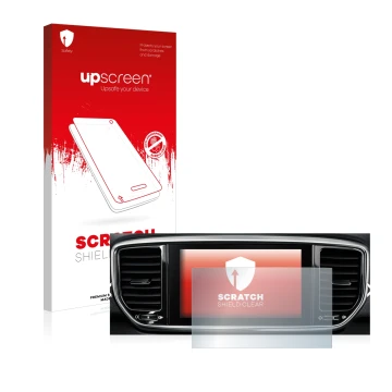 Front side of a product packaging with the brand logo upscreen. Next to it is the device Kia Sportage QLPE 2020 Infotainment S