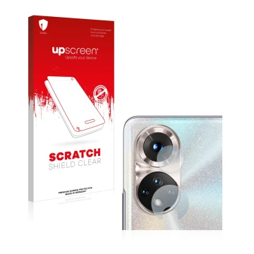 Front side of a product packaging with the brand logo upscreen. Next to it is the device Honor 50 (ONLY Camera Lens) shown wit